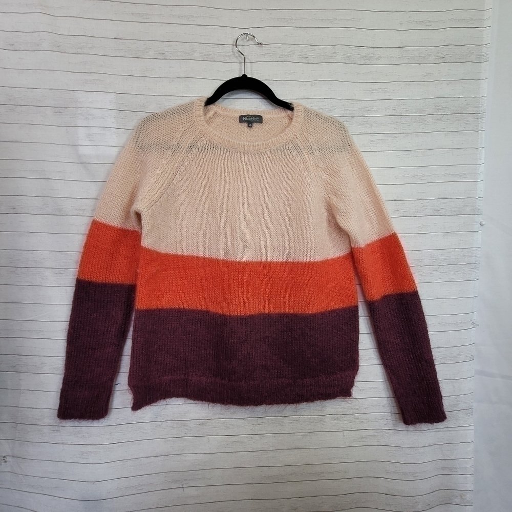 Anthropologie NEEDLE Louise Mohair Merino Wool Colorblock Pullover, sz XS